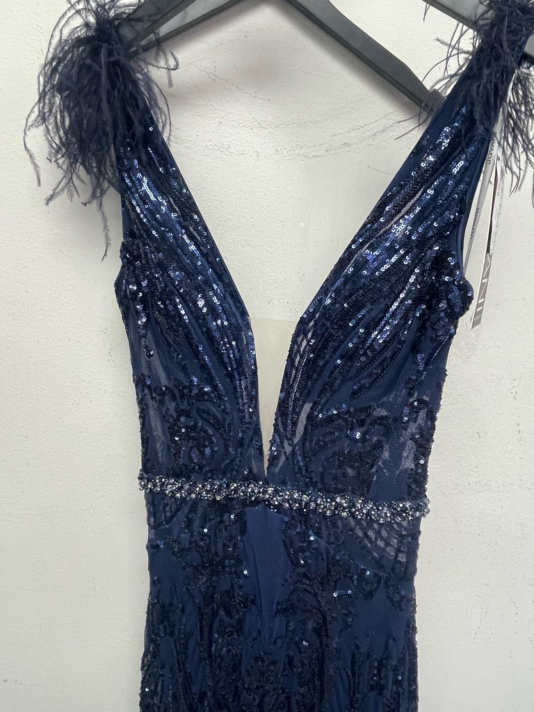 Jovani Navy Sequin Plunging V Maxi Dress With Feathered Straps Size 8